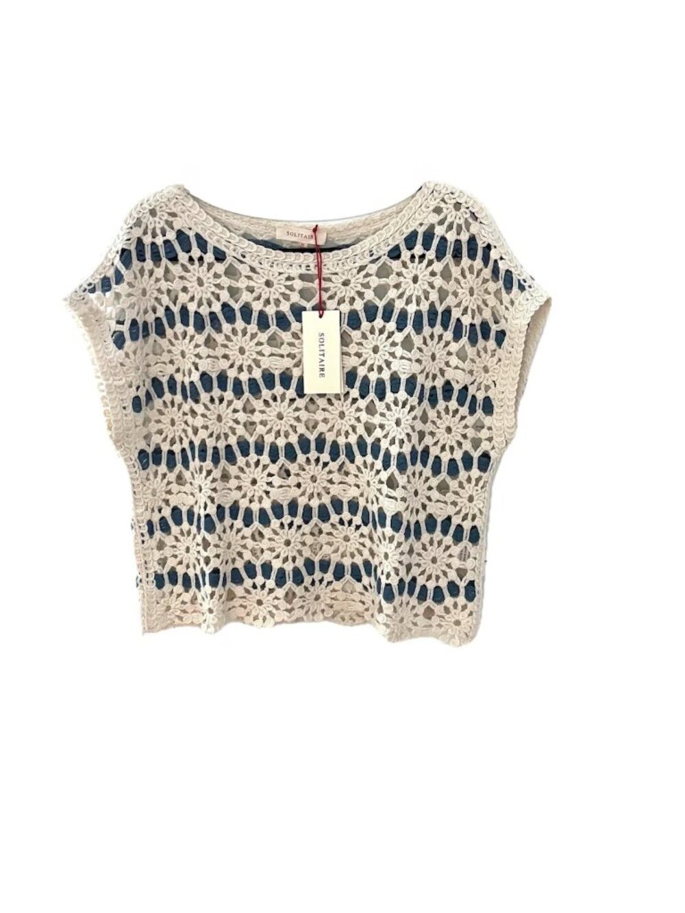 Solitaire Crochet Pullover Top Women's Sz M Round Neck Cap Sleeves Floral NWT